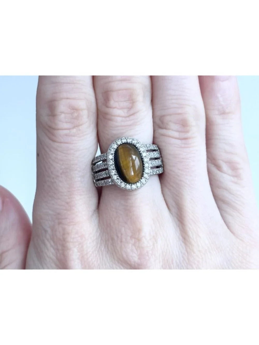 Genuine Tiger's Eye Gemstone Open Shank Sterling Silver 925 Vintage Ring - sz 8